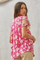 Hot Pink & Cream Floral Print Embroidered Top