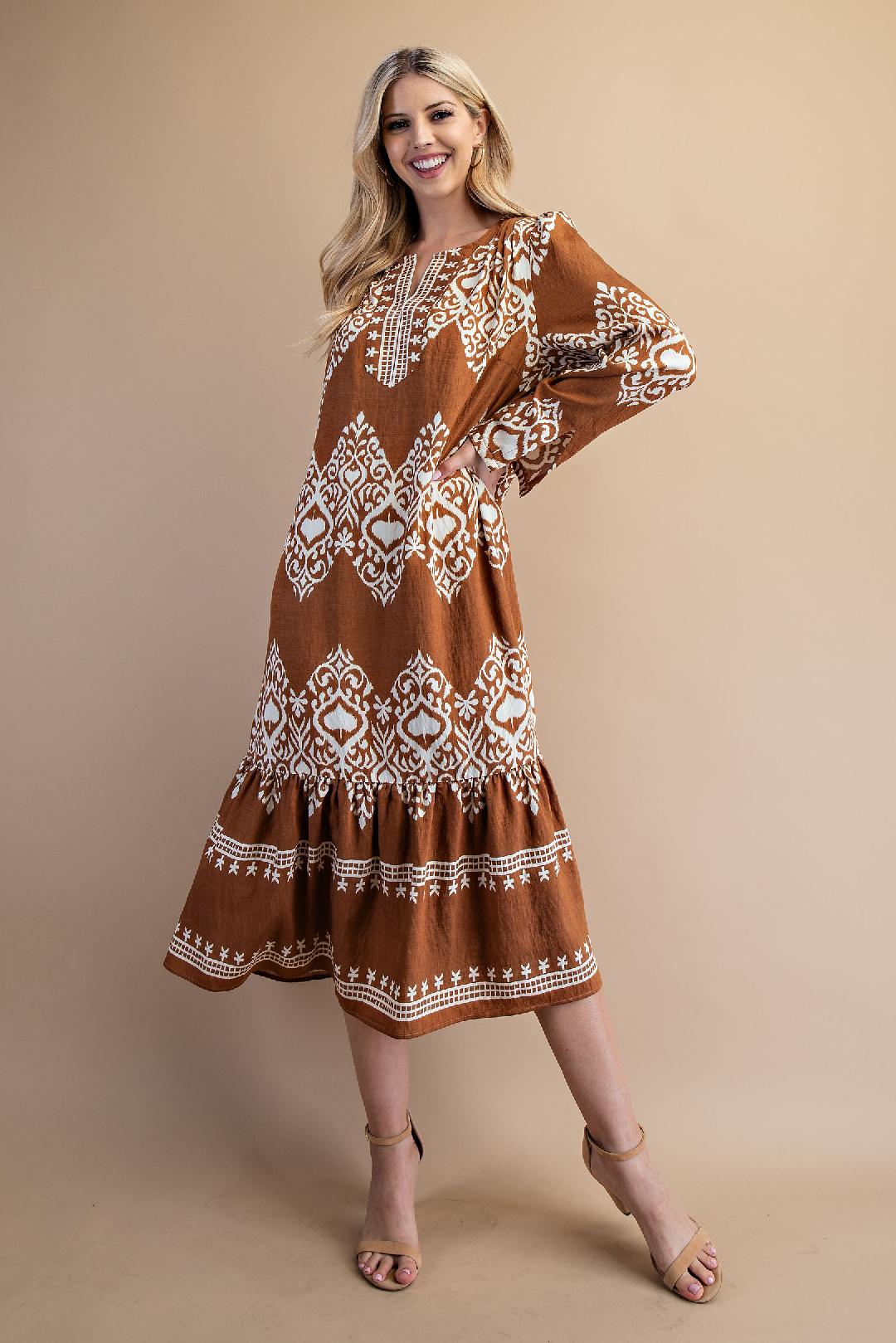 Camel Brown Long Sleeve Midi Dress