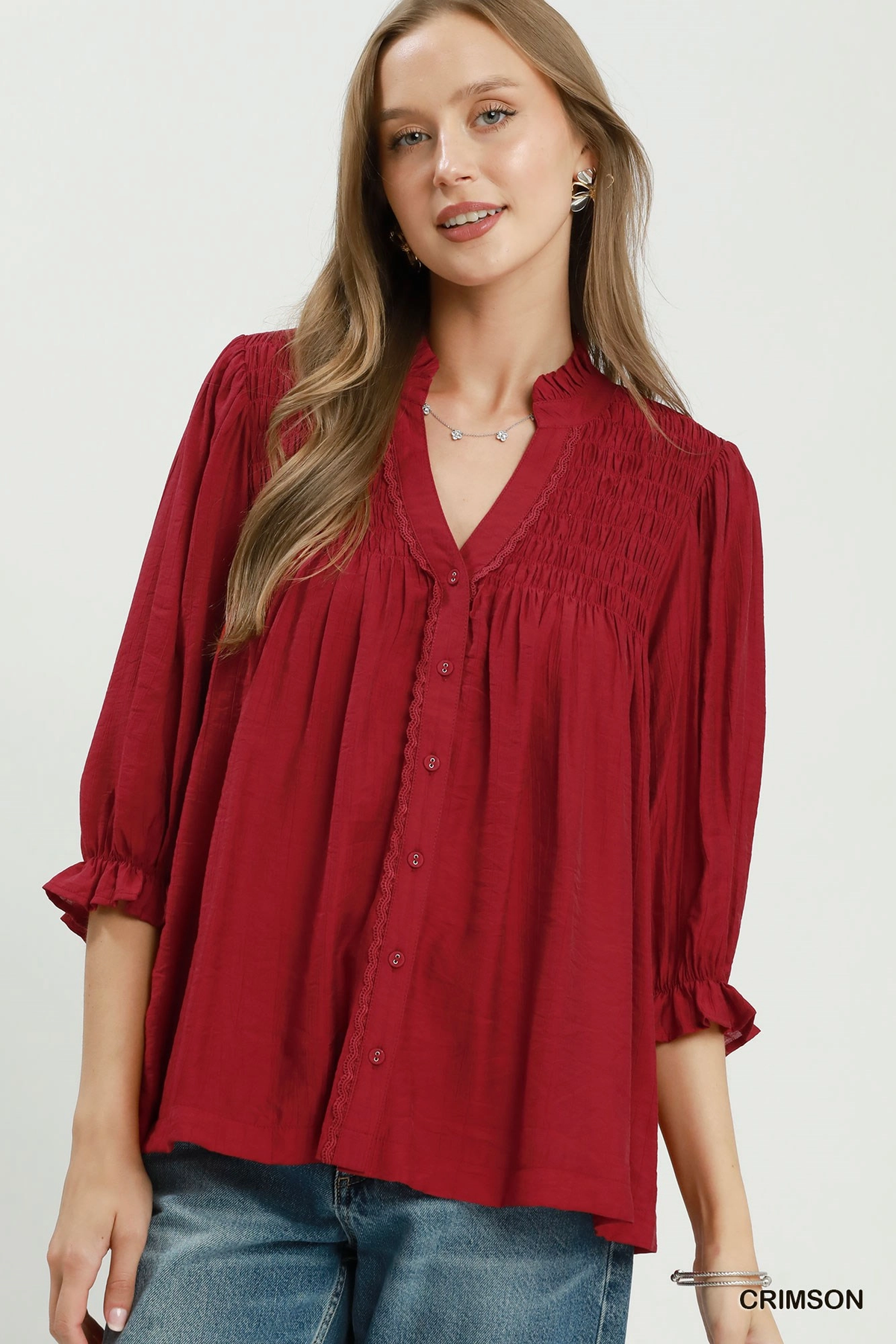 Christmas Red Soft Romance Smocked Blouse