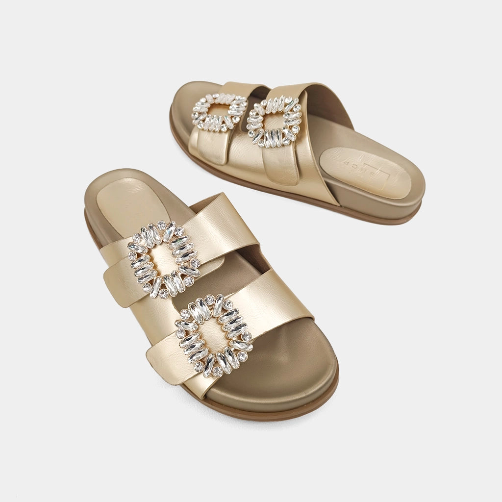 Gold Slip On Sandal w/ Crystal Buckle by Shushop