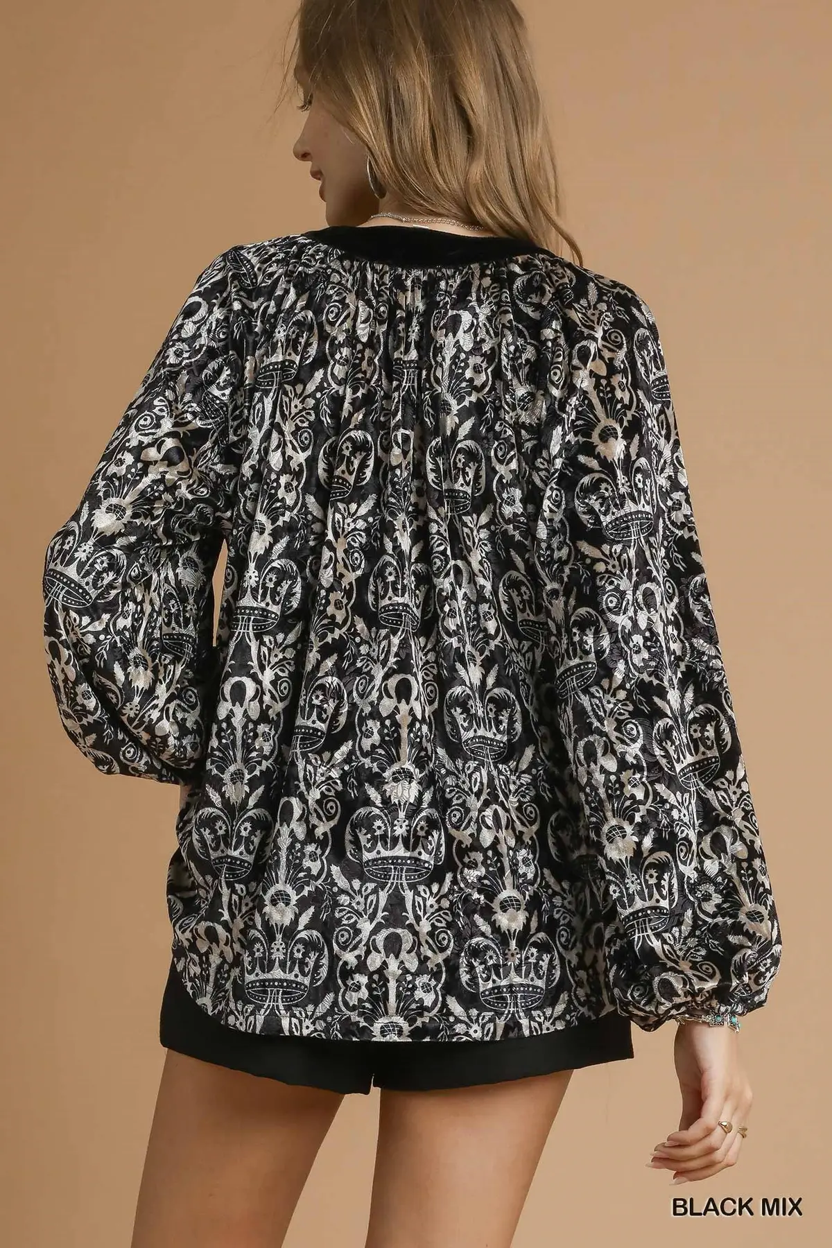 Black & Silver Grey Velvet Jacquard Top