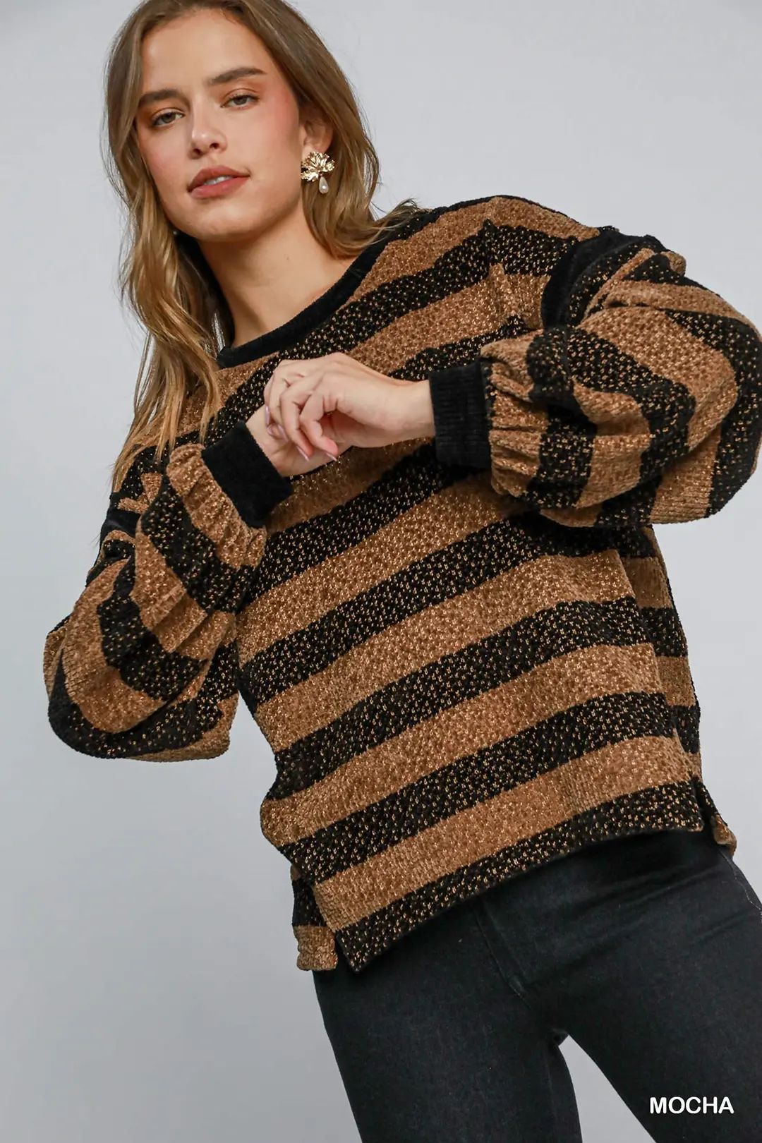 Warm & Cozy Black & Mocha Striped Knit Top