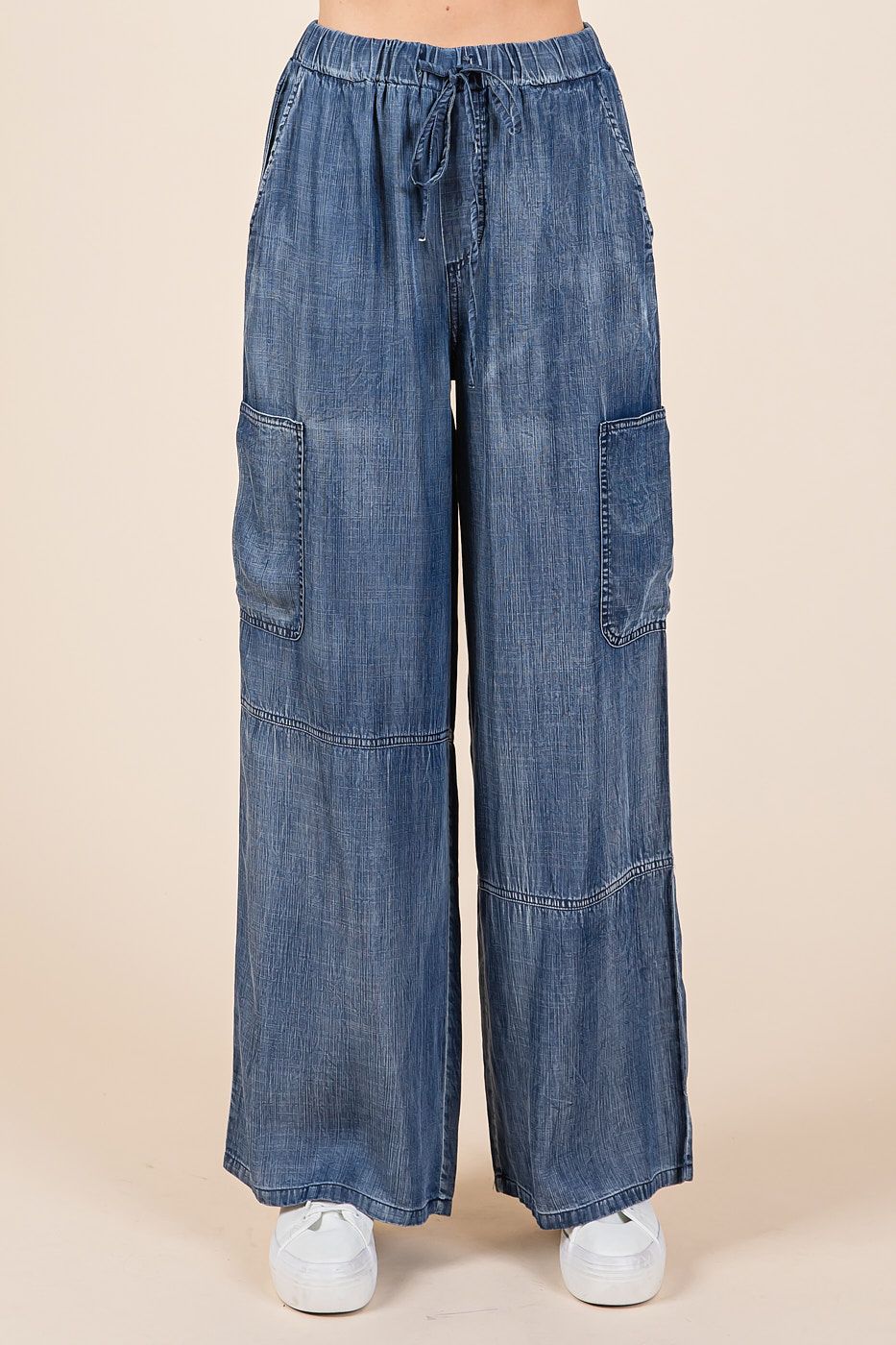 Washed Chambray Elastic Waist Cargo Wide Leg Pants