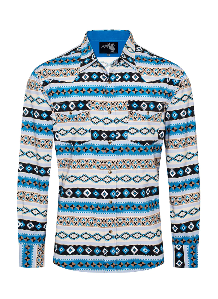 Men's Turquoise Aztec Print Pearl Snap Western Shirt