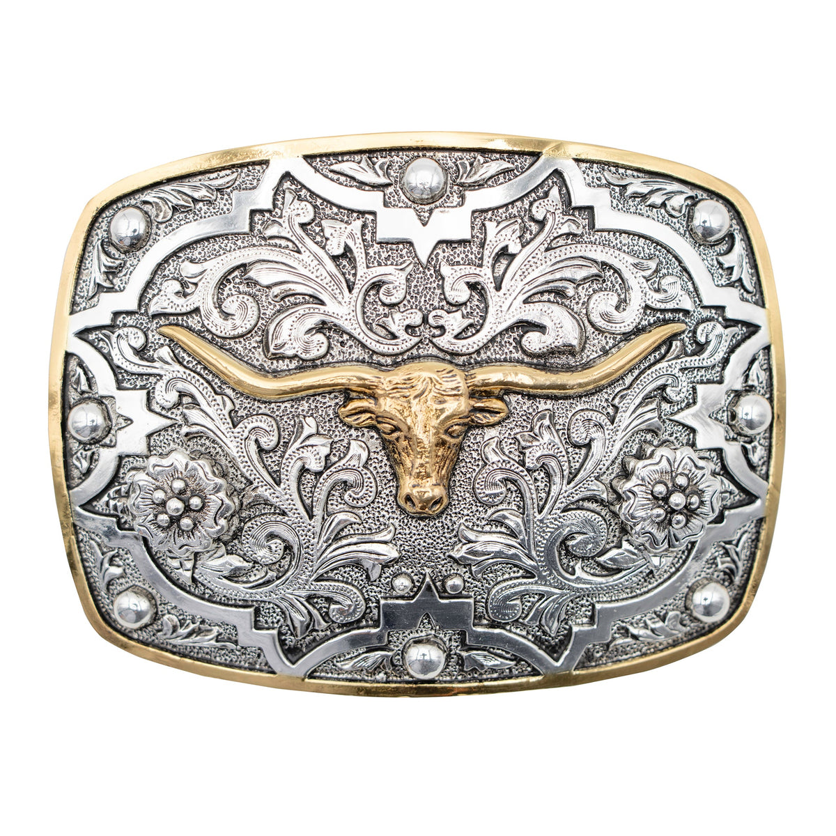 Longhorn and Beads with Gold Border Buckle