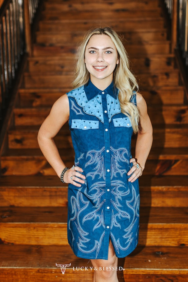 Blue Boot Stitch Sleeveless Dress