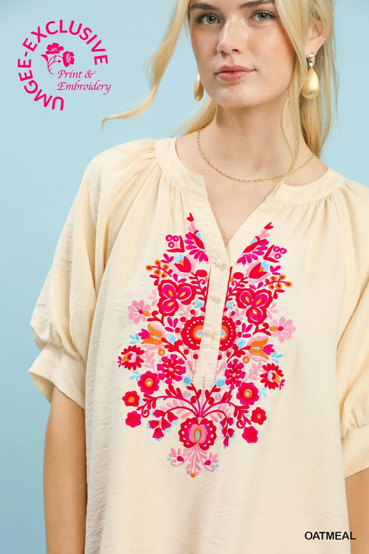 Cream Top w/ Pink Embroidery Details