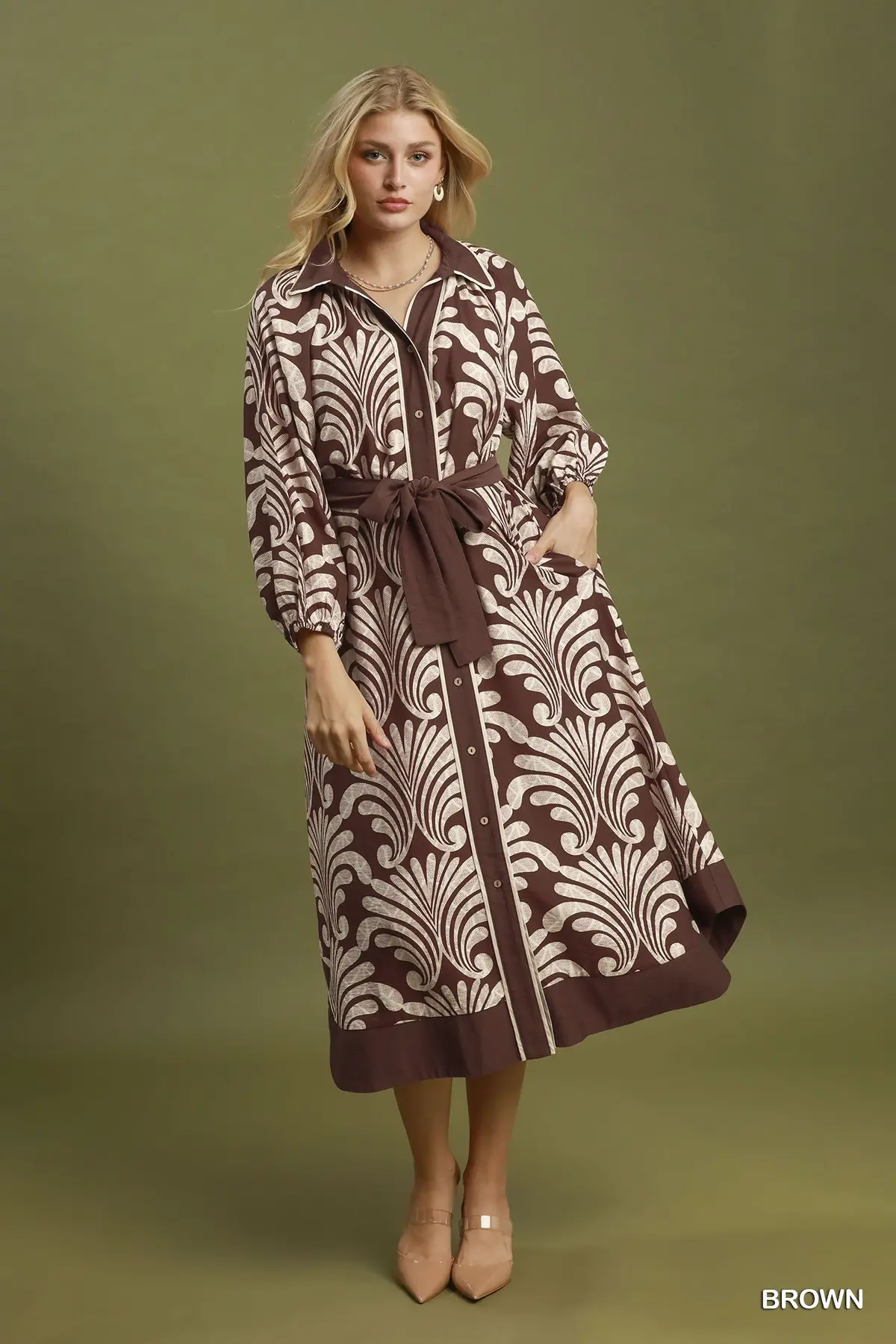 Mocha Botanical Belted Midi Dress 🤎