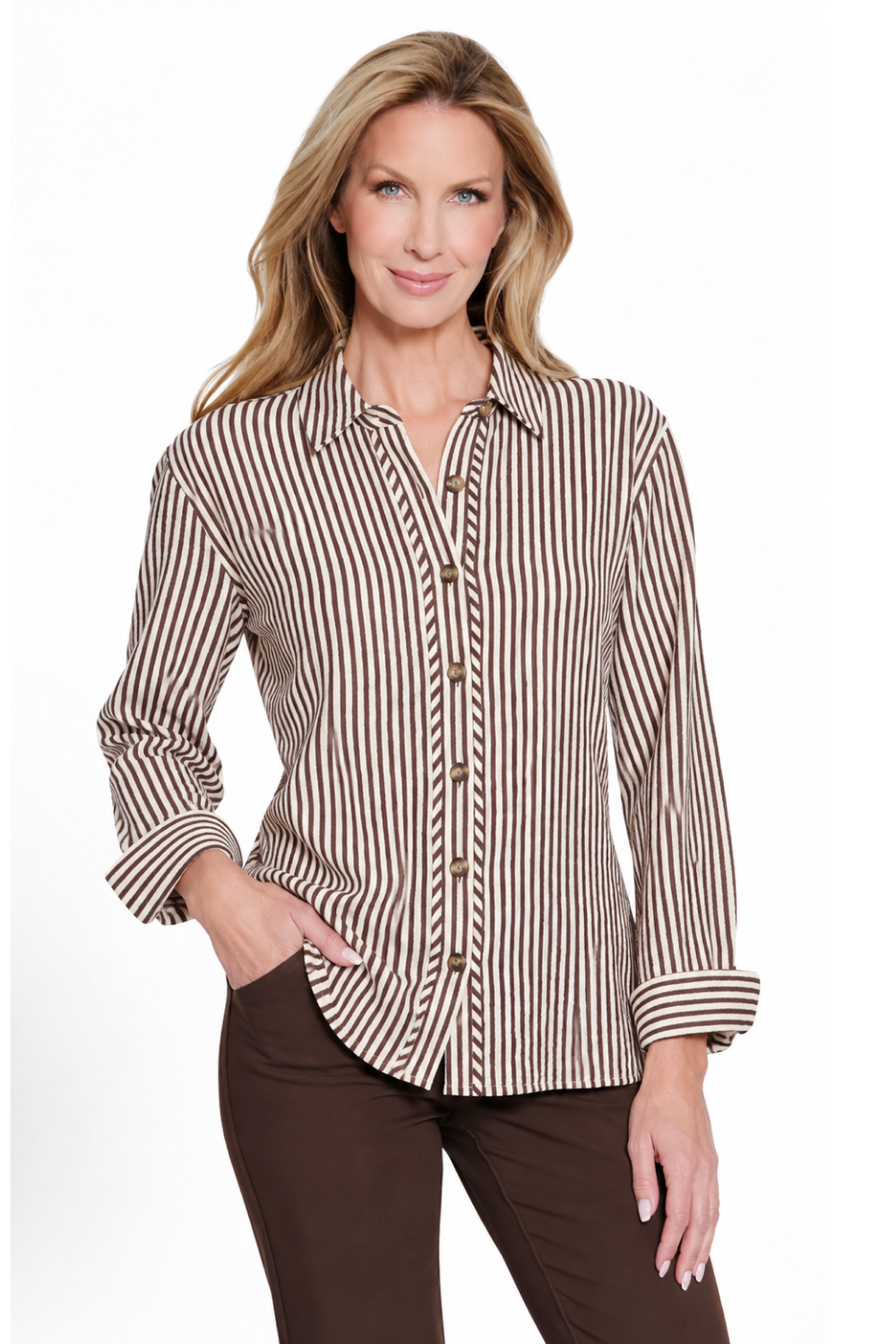 Chocolate Brown Stripe Woven Long Sleeve Top by Multiples
