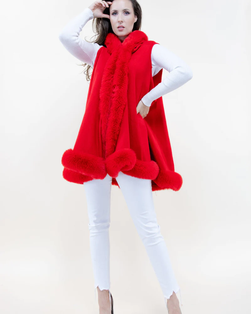 Red Faux Fur Trimmed Sleeveless Vest w/ Hoodie