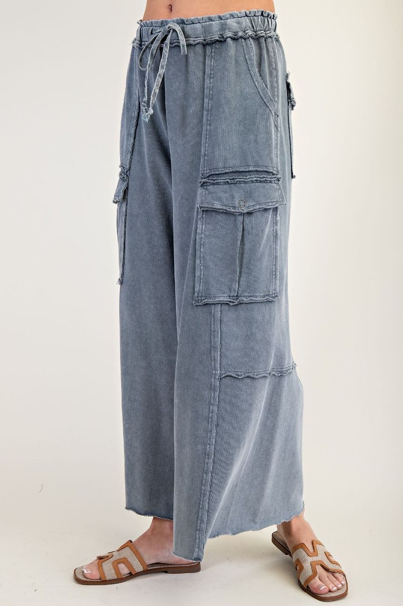 Washed Denim Wide Leg Terry Cargo Sweatpants