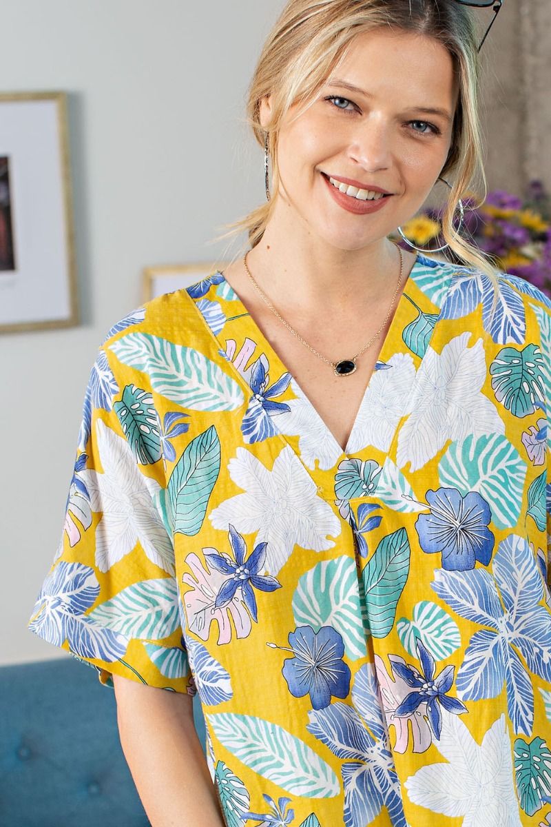 Yellow & Blue Tropical Floral V-Neck Top