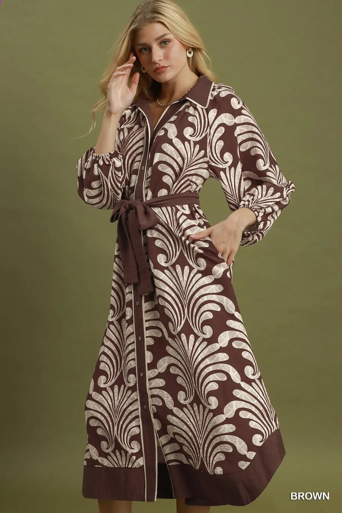 Mocha Botanical Belted Midi Dress 🤎