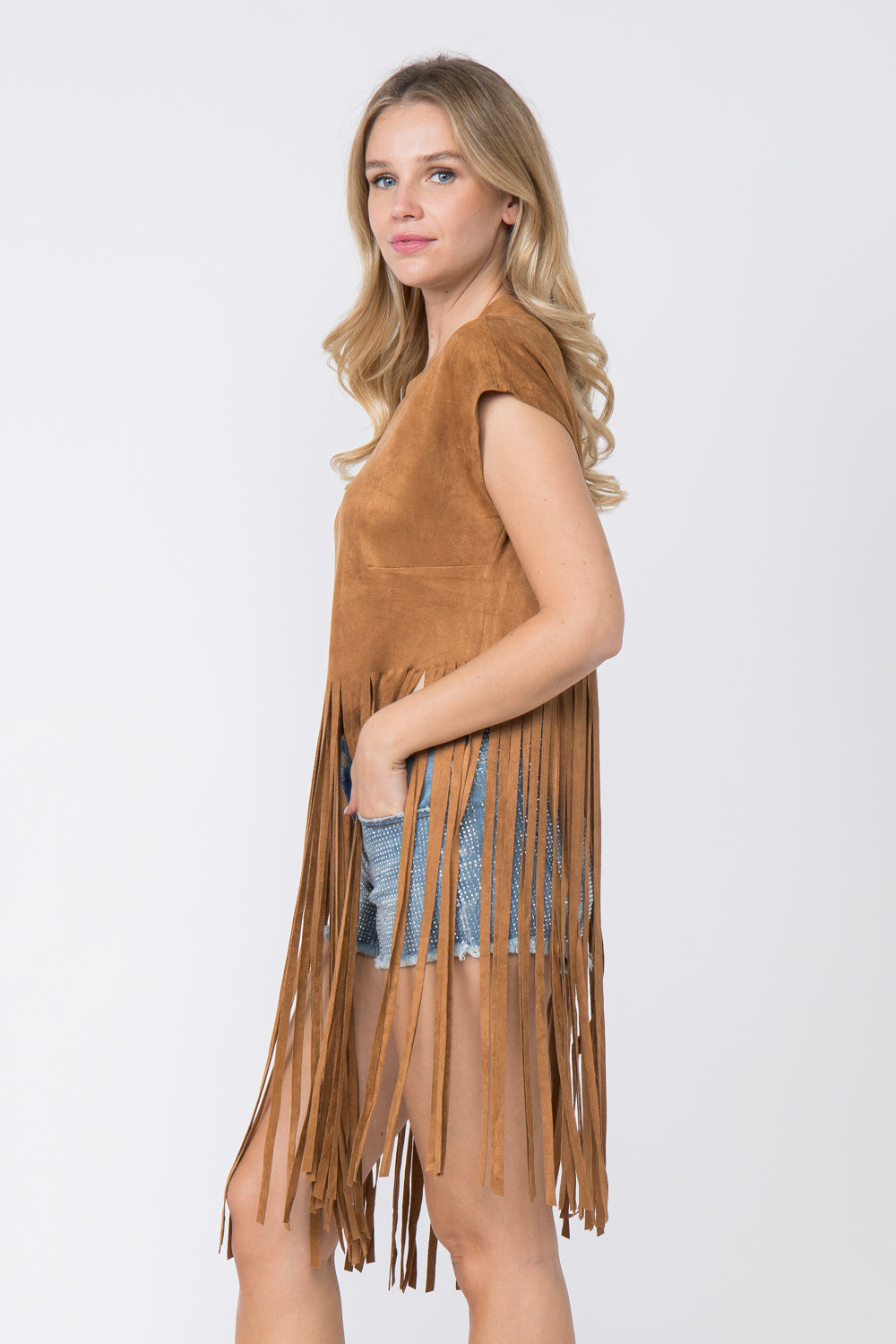 Camel Faux Suede Short Sleeve Fringed Top