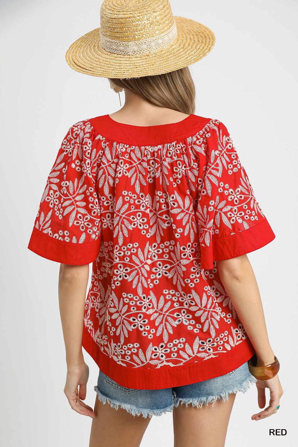 Red Eyelet Flutter Sleeve Top