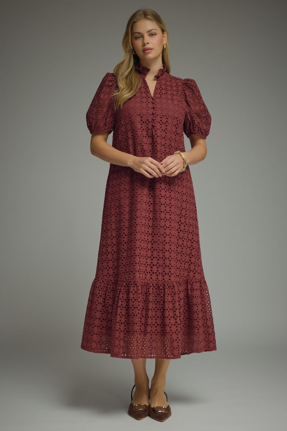 Burgundy Eyelet Puff Sleeve Midi Dress