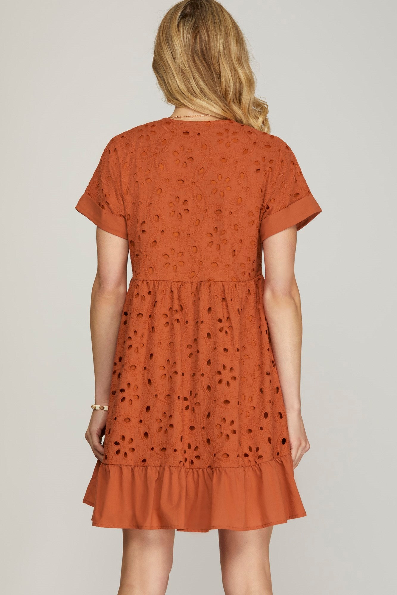 Rust Eyelet V-Neck Dress
