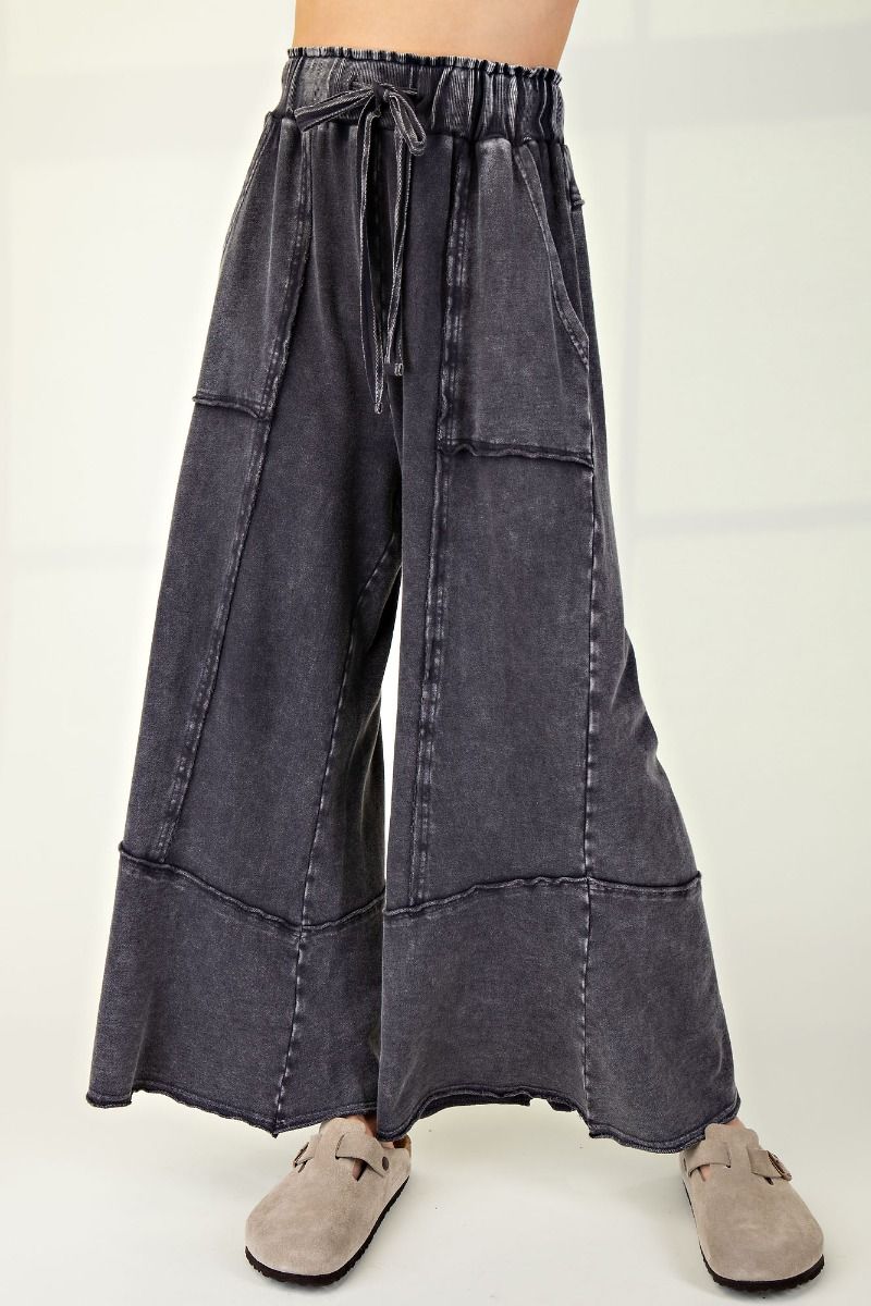 Ash Mineral Washed Terry Knit Wide Leg Pants