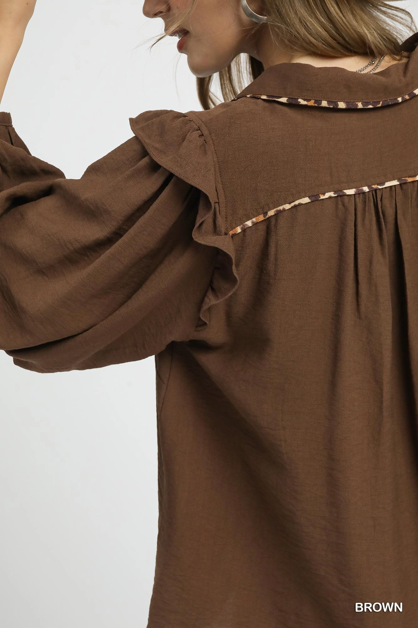 Chocolate Brown Long Sleeve Top w/ Leopard Trim