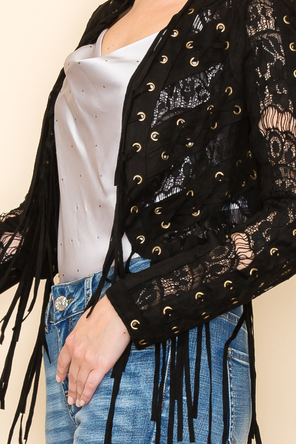 Black Fringed Lace Crop Jacket