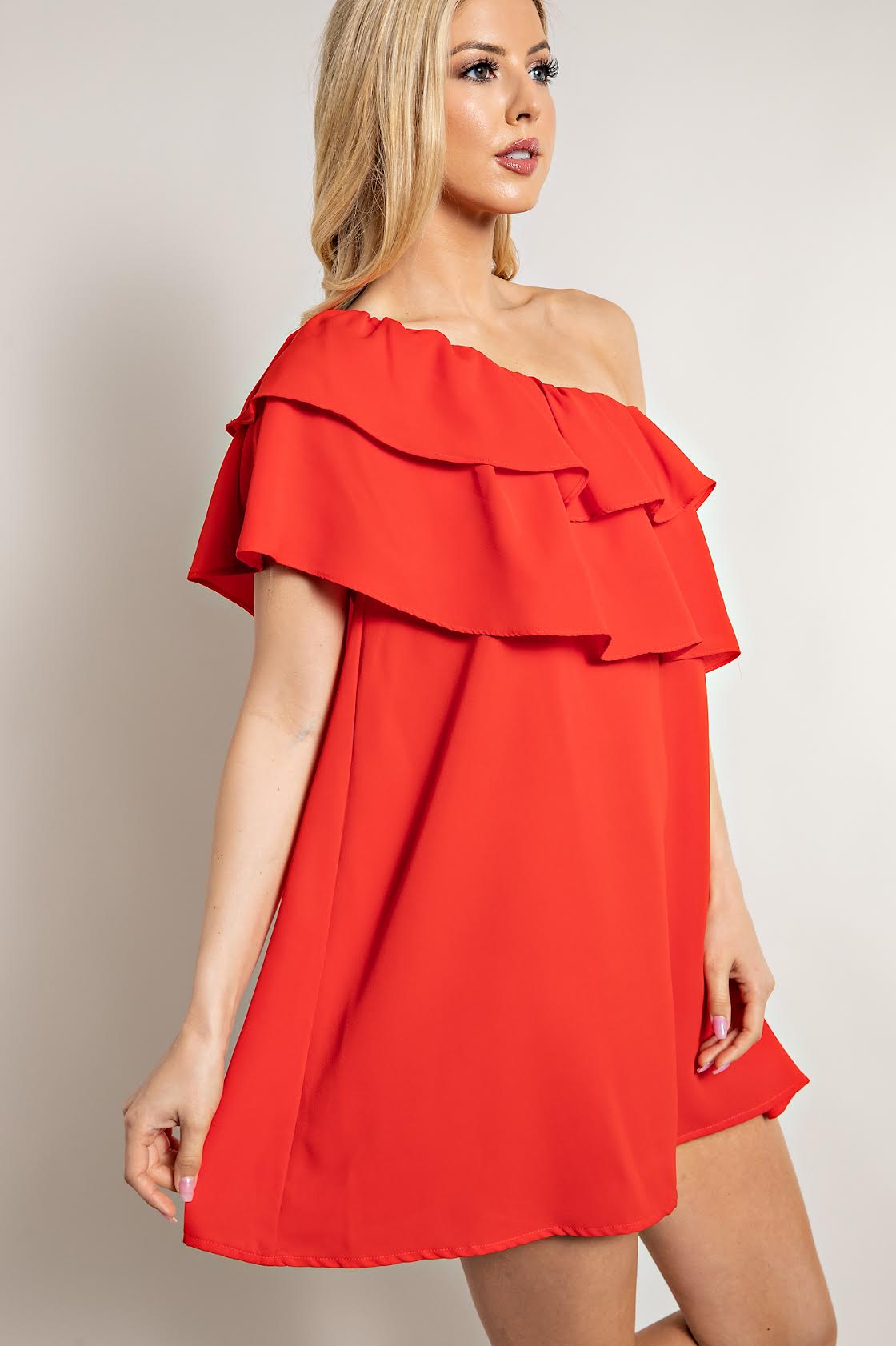 One Shoulder Ruffled RED Tunic/Dress