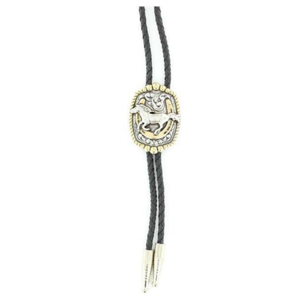 Running Horse on Horse Shoe Silver Bolo Tie