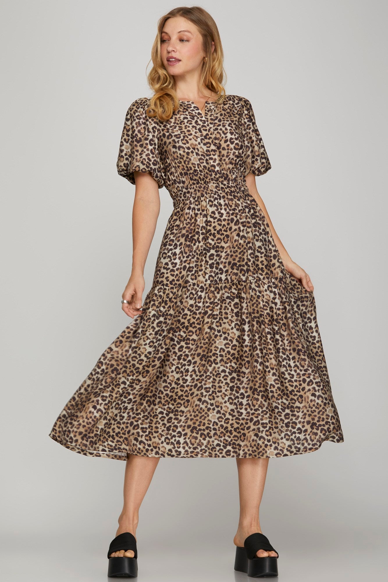 Leopard Print Puff Sleeve Midi Dress