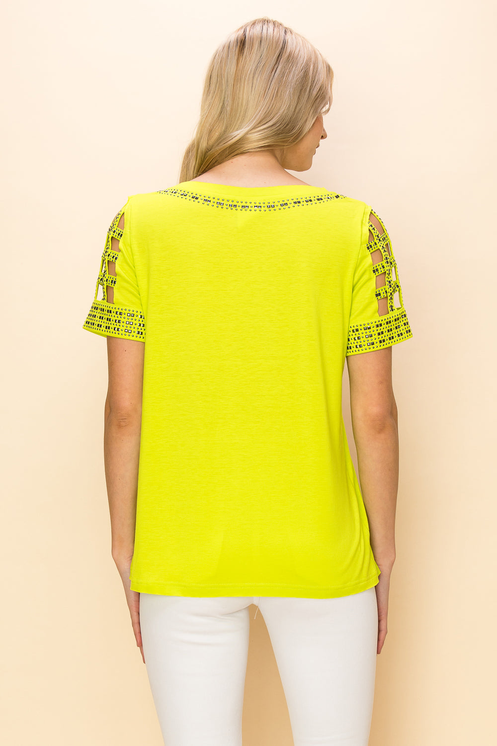 Lime Green Cutout Short Sleeve Top w/ Stud Details