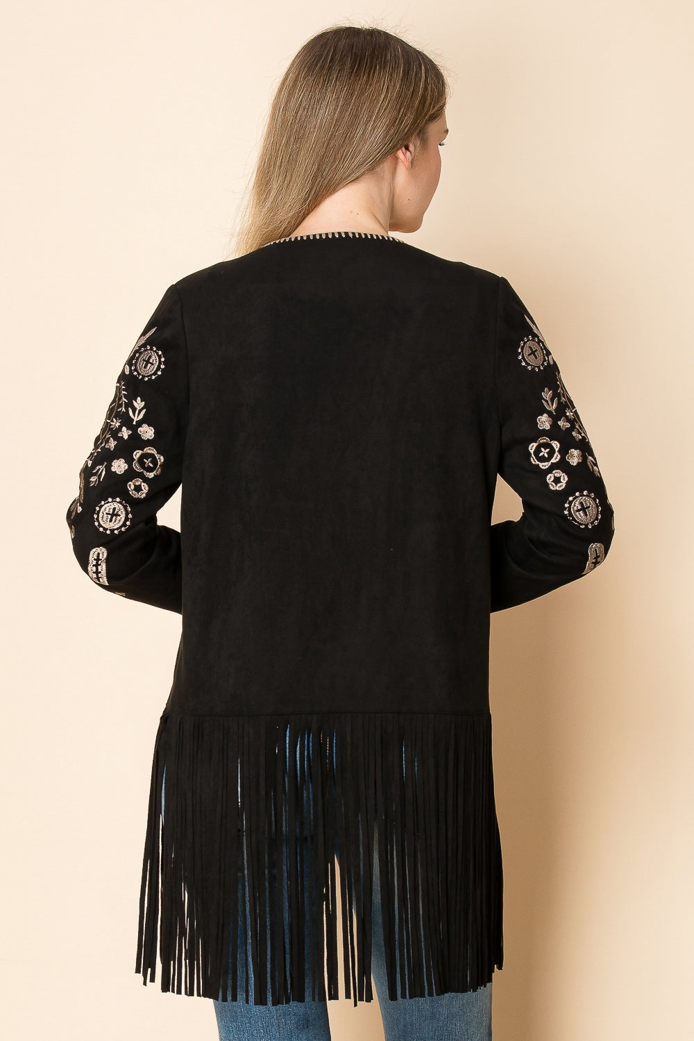 Black Ultra Suede Fringe Jacket w/ Taupe Embroidery