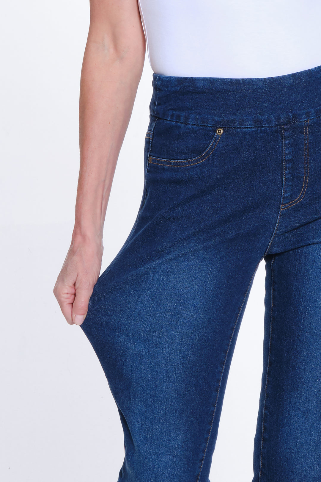 Denim Pull On Jeans w/ Pearl Details at Hem by Slimsation