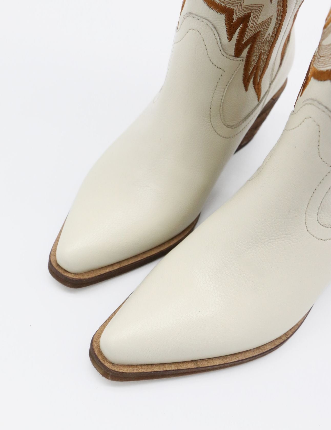 Ivory Leather Cowgirl Boots w/ Brown Embroidery