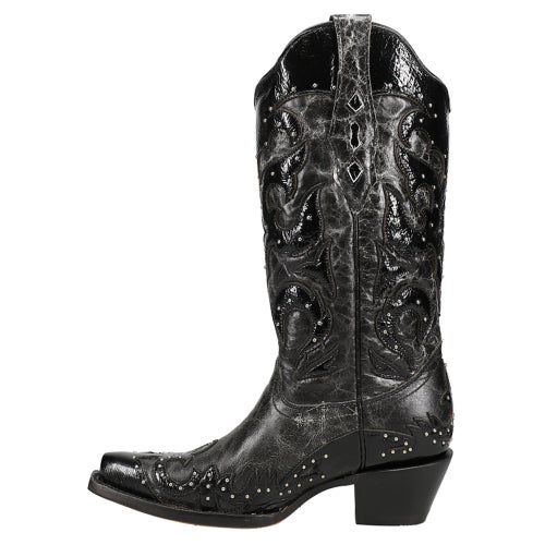 Ladies Black Overlay & Embroidery & Studs Wing Tip Boots