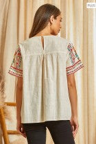 Natural Cream Short Sleeve Embroidered Top