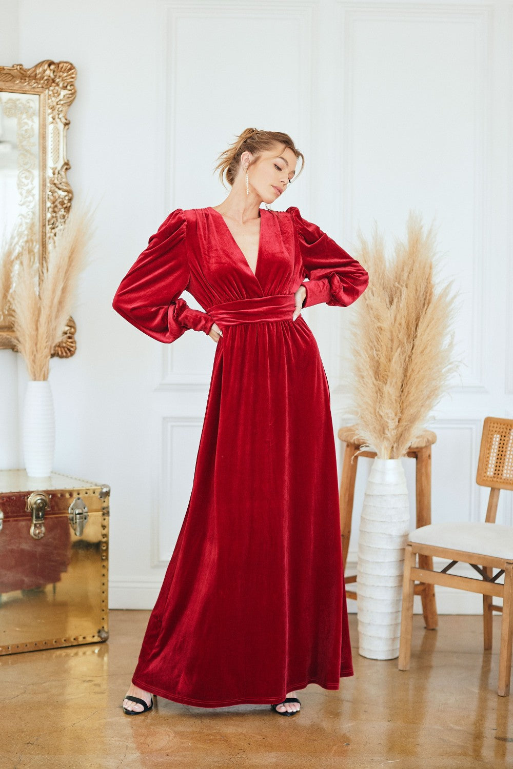 Red Velvet Long Sleeve Maxi Dress