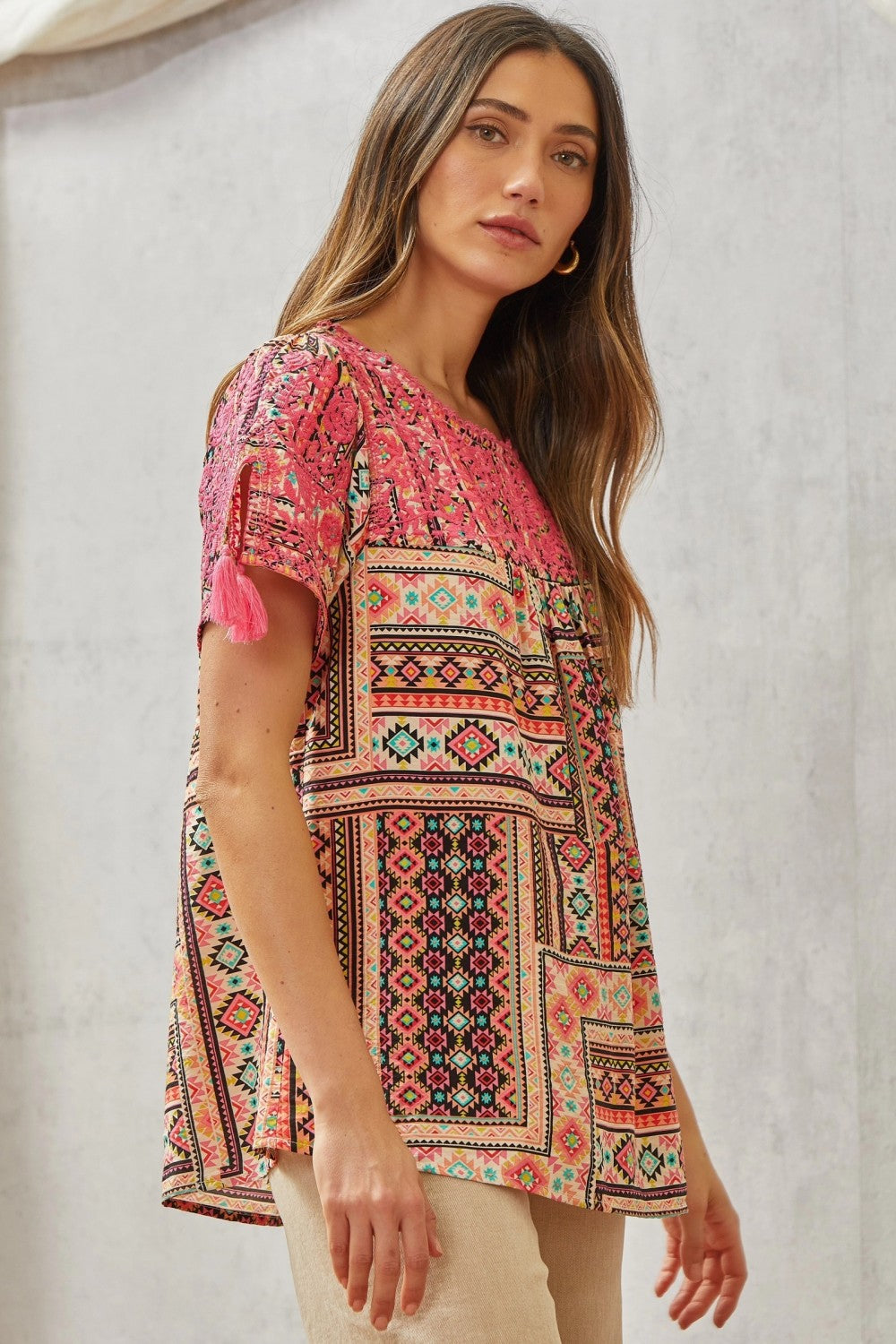 Soft Shades Aztec Print Embroidered Top