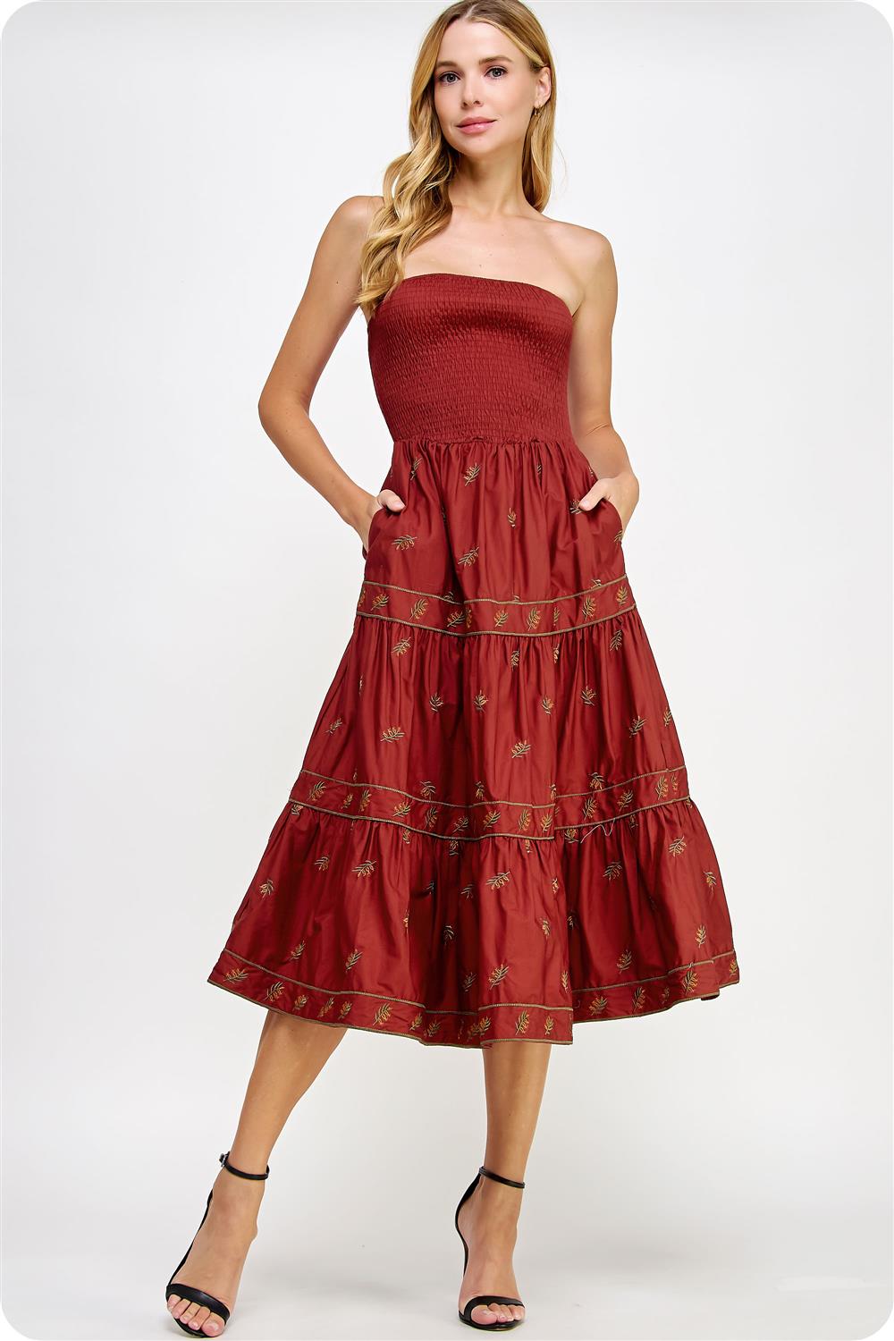 Brick Multi Floral Embroidered Tube Mide Dress