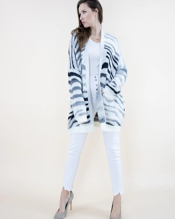 Black & White Tiger Print Cardigan w/ Pockets