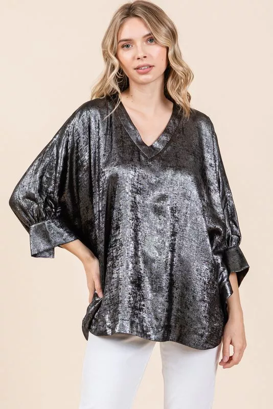 Black Metallic Dolman Sleeve Top