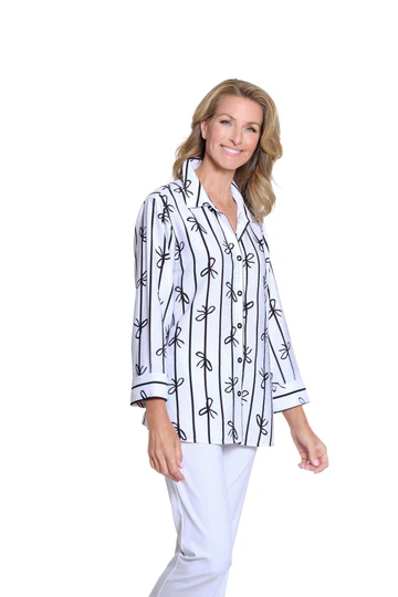 White Woven Women's Shirt w/ Black Bow Print