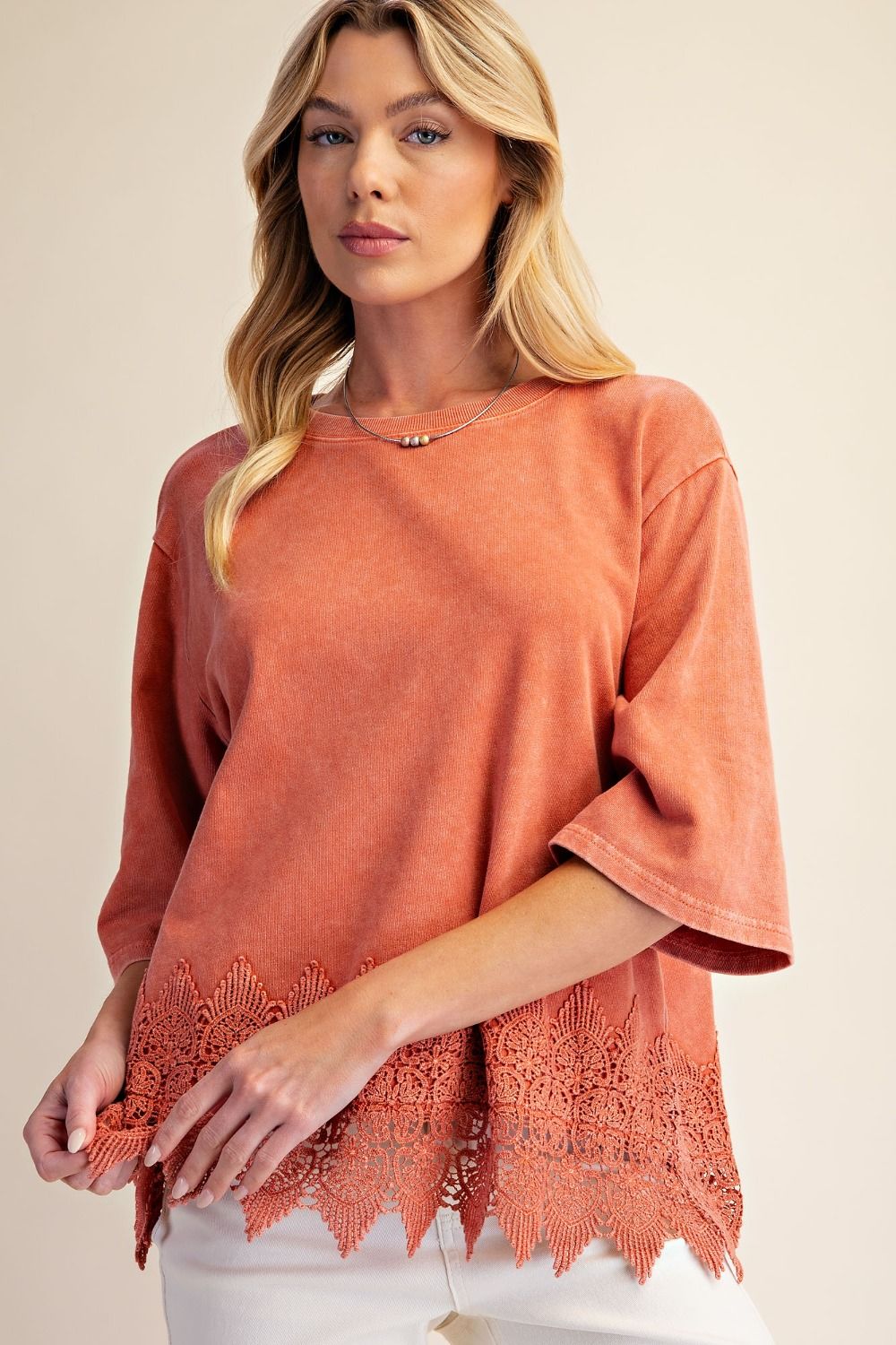 Rust Mineral Wash Lace Hem Top 🧡