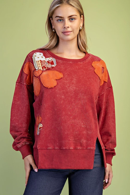 Vintage Washed Floral Applique Sweatshirt