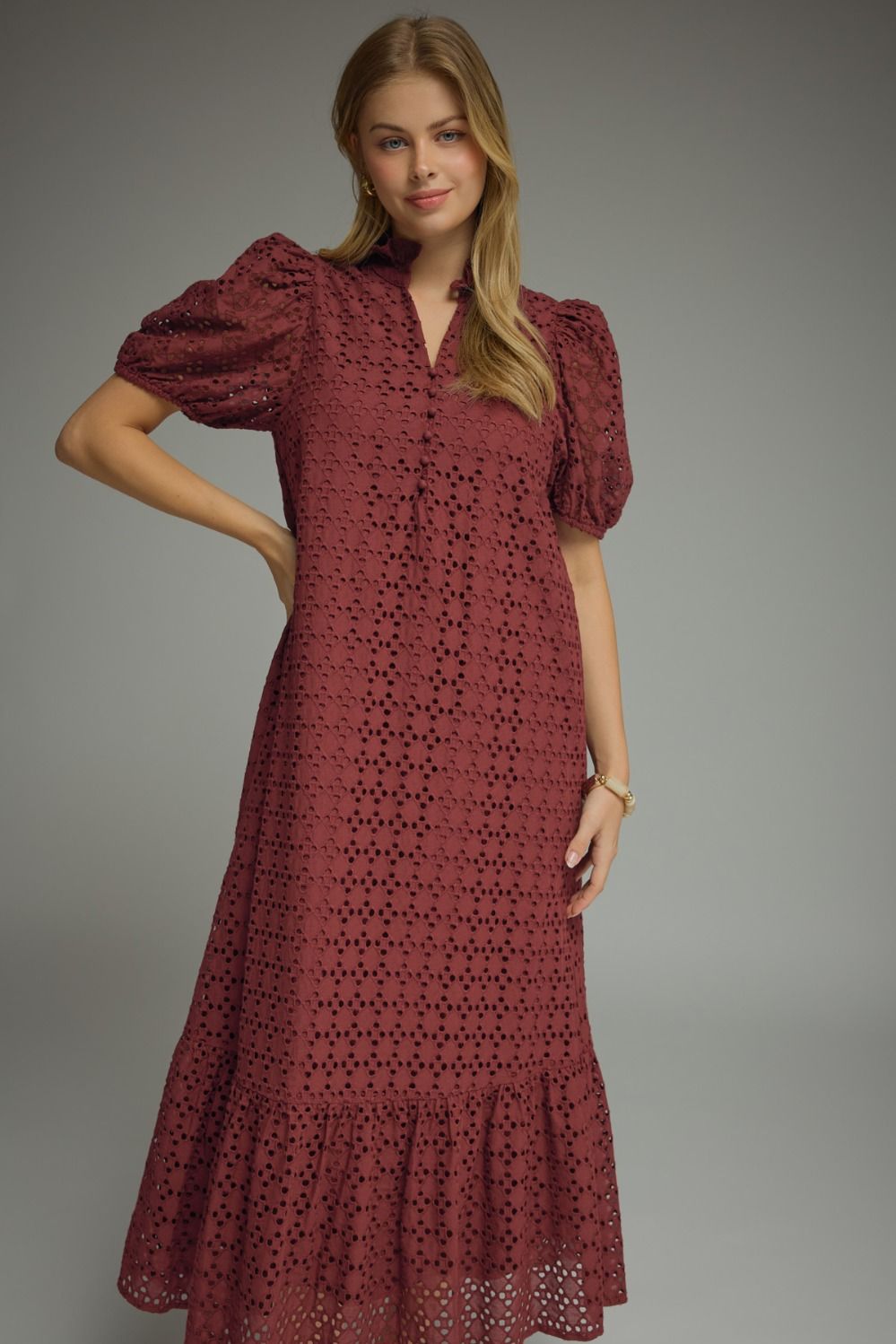 Burgundy Eyelet Puff Sleeve Midi Dress