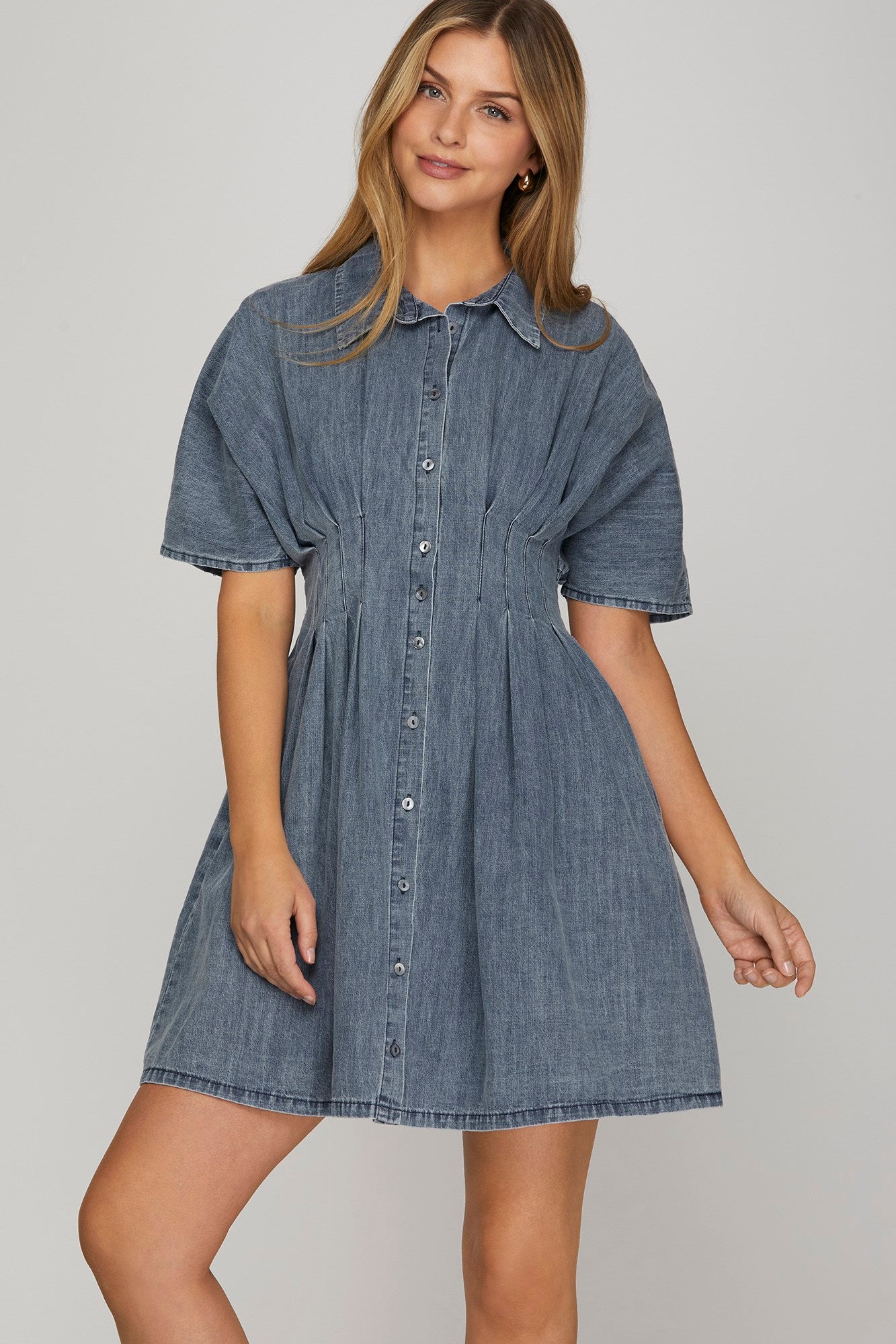 Denim Pleated Shirt Mini Dress