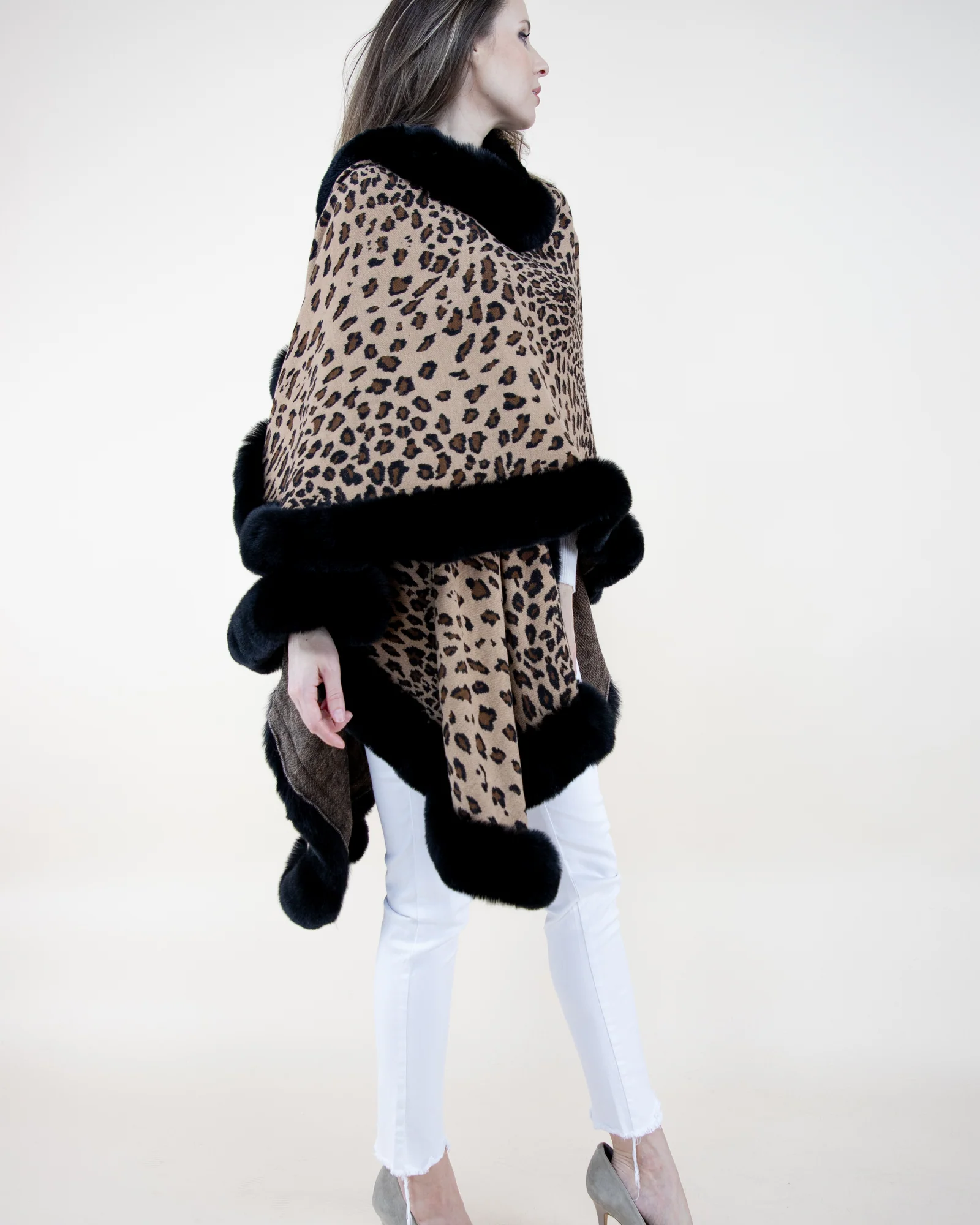 Black & Camel Cheetah Shawl w/ Faux Fur