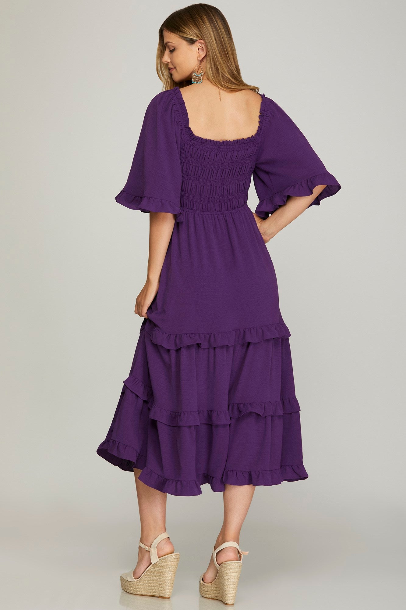 Purple Smocked Tiered Midi Dress