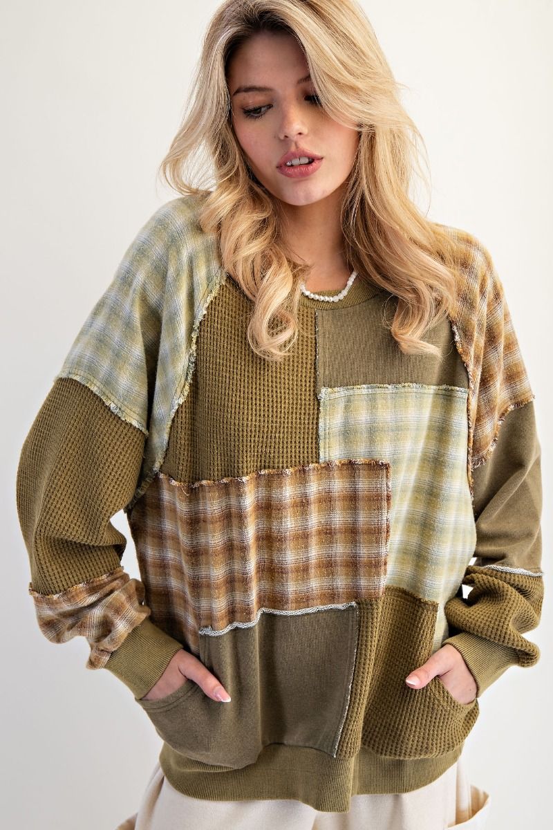 Olive Patchwork Mineral Wash Pullover