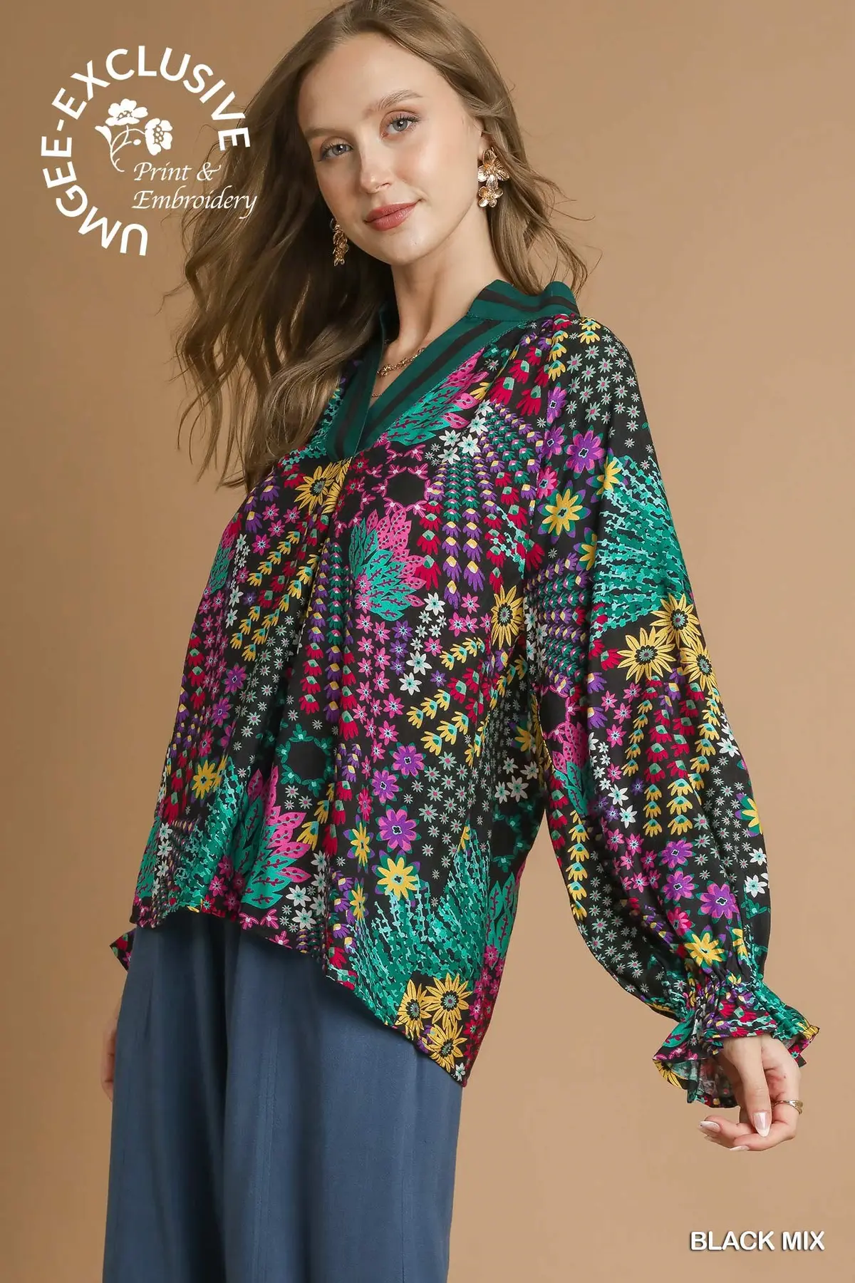 Black Mix Floral Print V-Neck Top