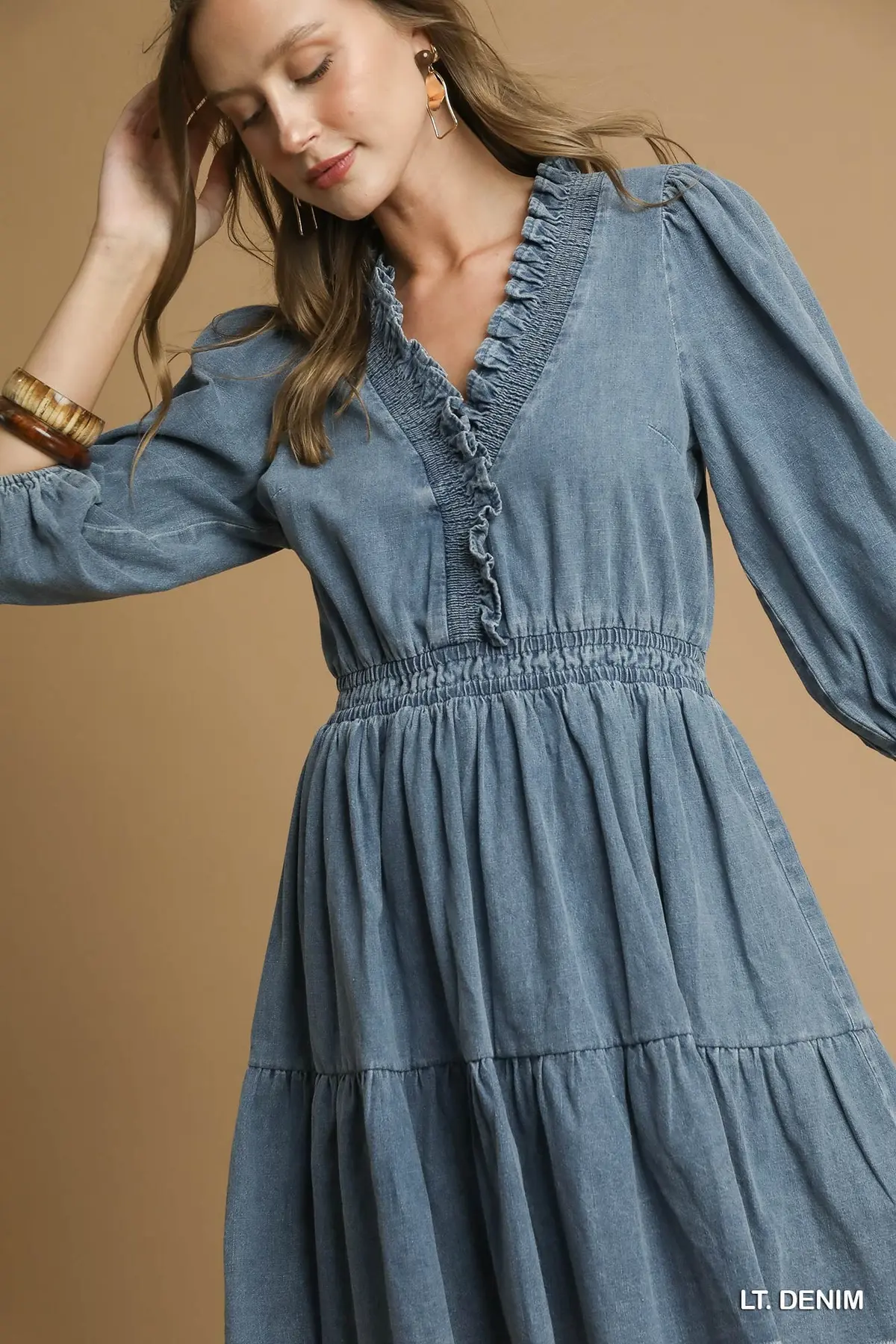 Ruffled Charm Light Denim Mini Dress