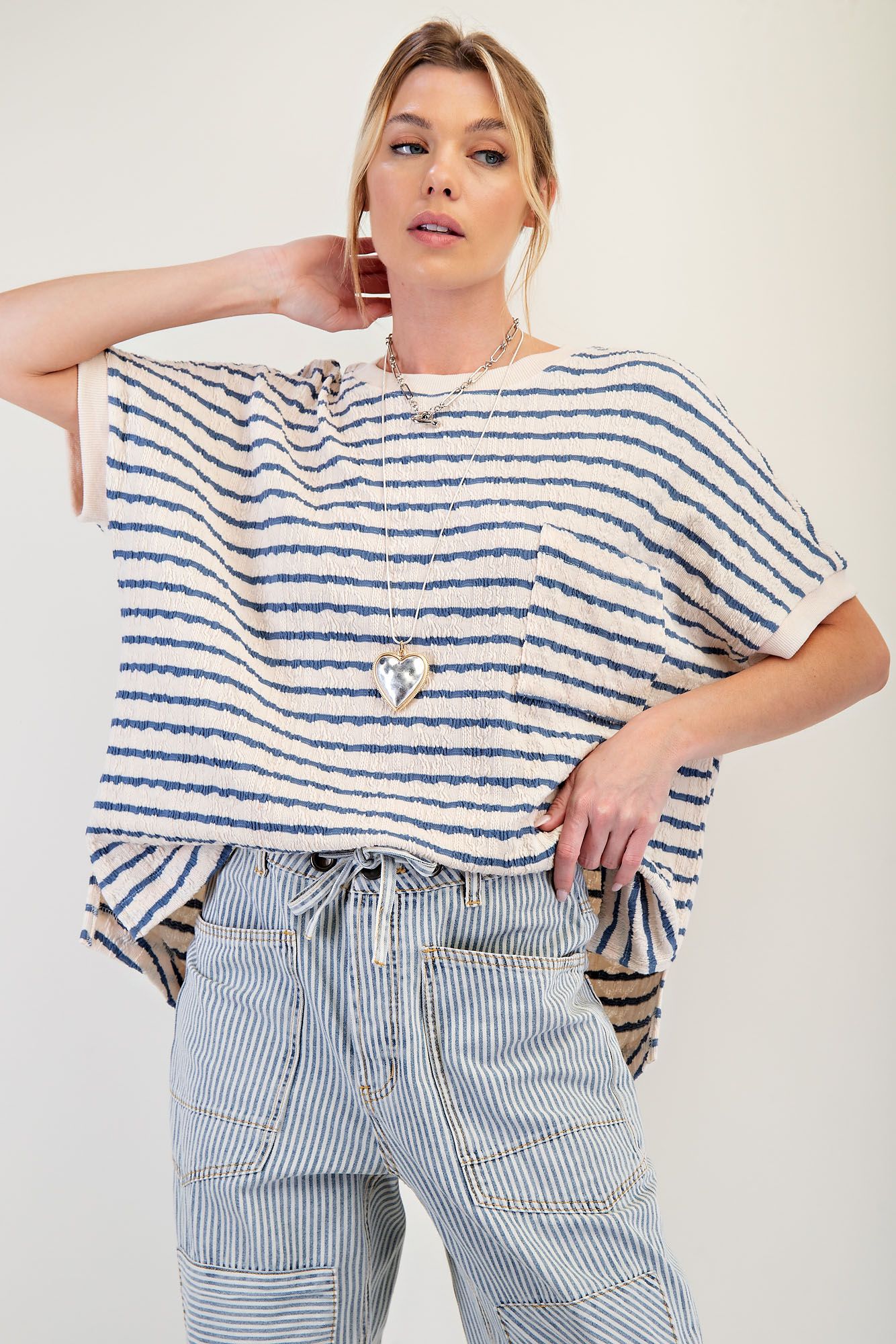 Cream w/ Denim Textured Stripe Knit Tee