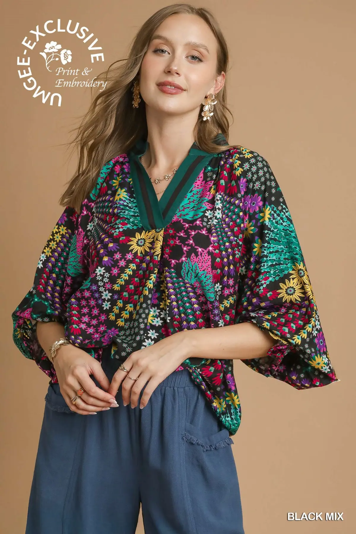 Black Mix Floral Print V-Neck Top